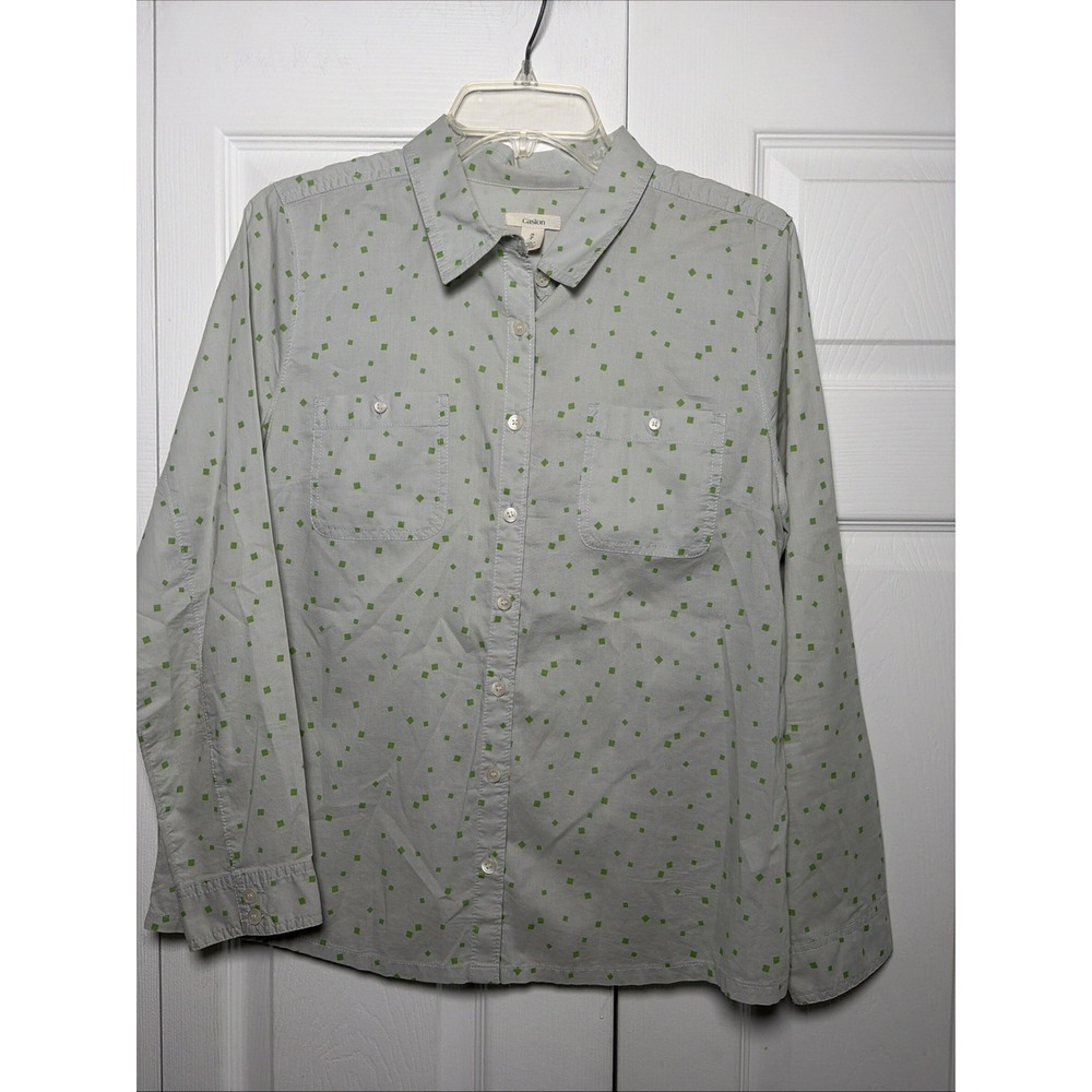 Caslon Button Down Top Womens Size MP‎ Gray Green Geometric Diamond Print Cotton